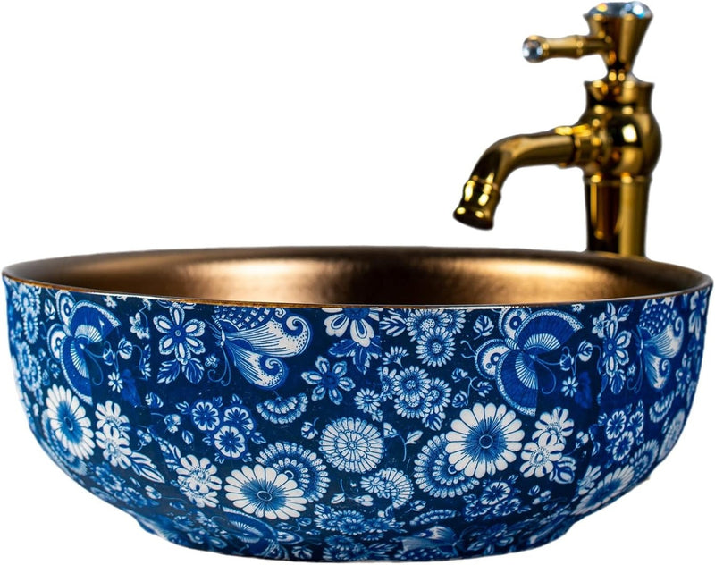 Porcelain Countertop Sink 41x15cm High Temperature Fire Handmade Blue White Gold