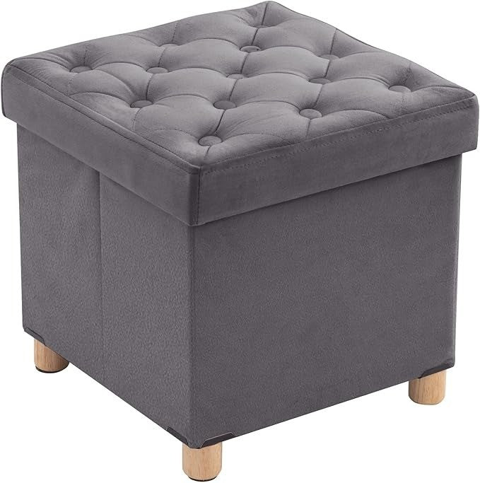 Folding Storage Ottoman Wood Legs Velvet Gray