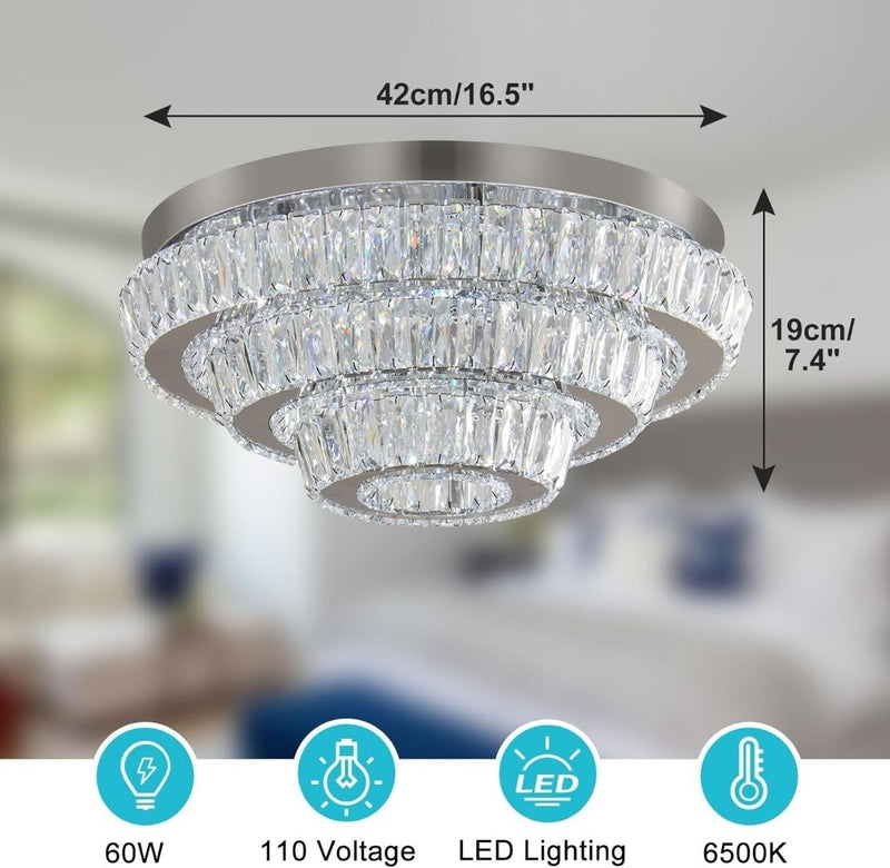 16.5" Crystal Chandelier LED Crystal Ceiling Light 3 Layers Flush Mount