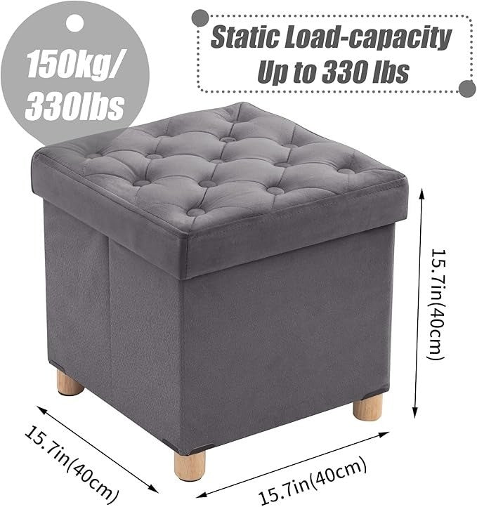 Folding Storage Ottoman Wood Legs Velvet Gray