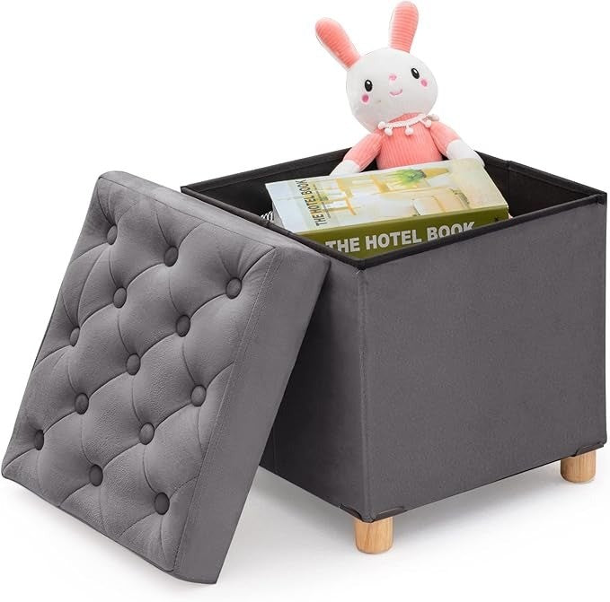 Folding Storage Ottoman Wood Legs Velvet Gray