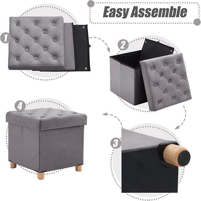 Folding Storage Ottoman Wood Legs Velvet Gray