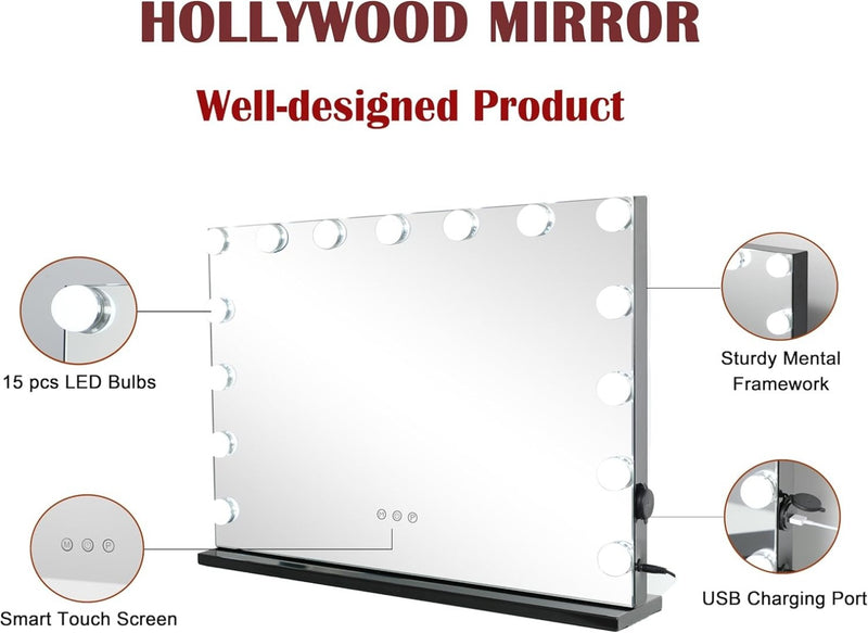 Large Vanity Mirror with Lights, Lighted Makeup Mirror ‎58 x 46 cm