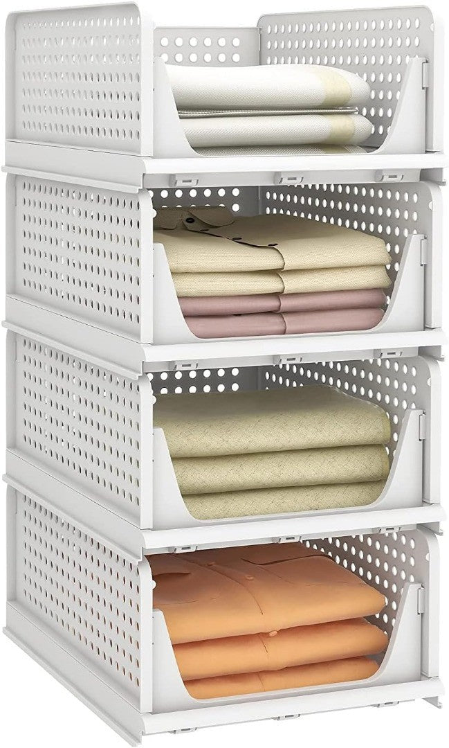 Wardrobe Storage Organiser Boxes 4 Pack Stackable 18x33x43cm White