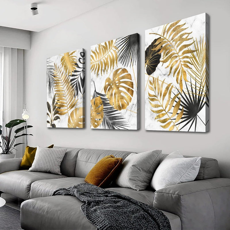 3 Panels Wooden Framed Marble Gray Gold Canvas Wall Art