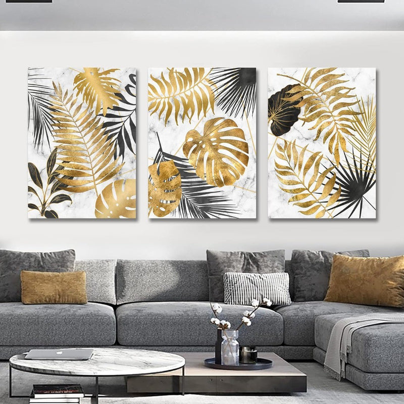 3 Panels Wooden Framed Marble Gray Gold Canvas Wall Art