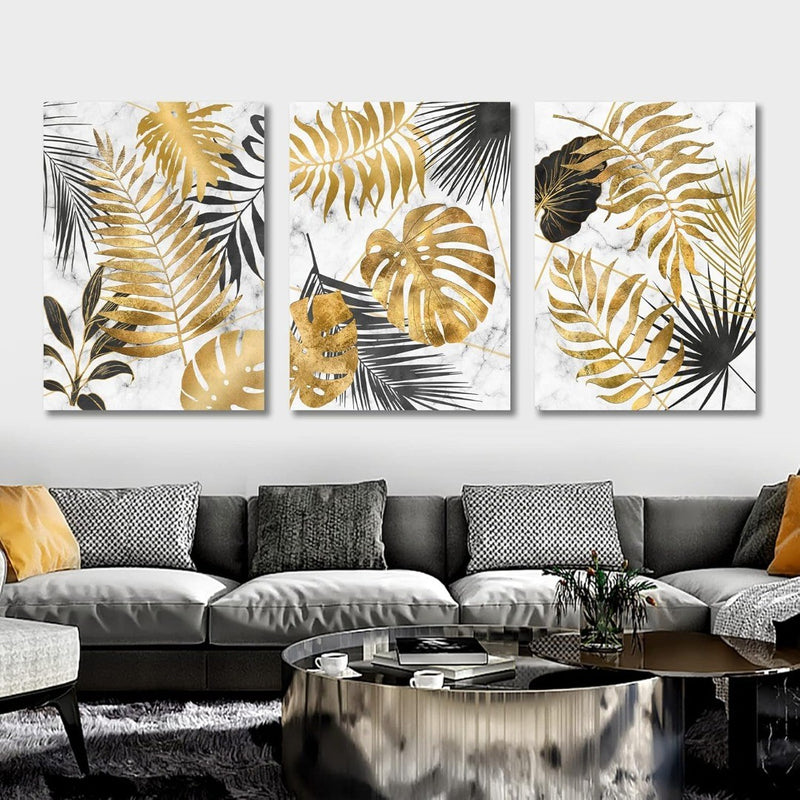 3 Panels Wooden Framed Marble Gray Gold Canvas Wall Art