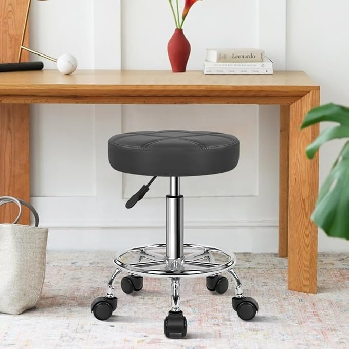 PU Leather Round Rolling Stool Swivel Height Adjustment With Wheels