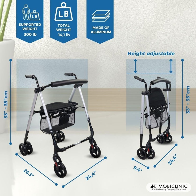 4 Wheel Rollator Foldable Grey MOBICLINIC