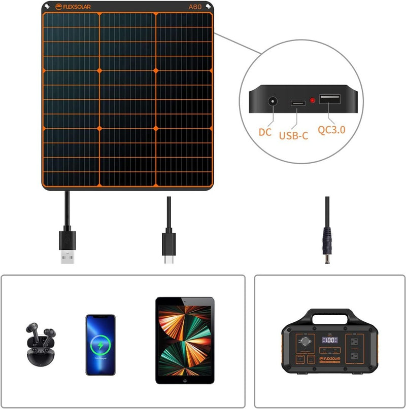 60W Portable Solar Panel, Foldable Solar Charger w/ Stand FlexSolar