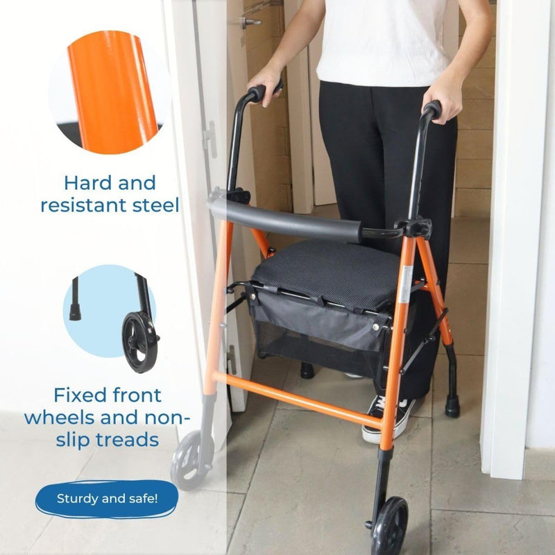 Folding Walker with Wheels Seat Backrest Height Adjustable Orange