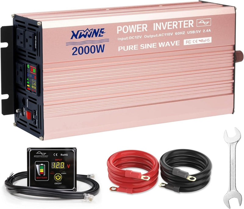 Pure Sine Wave Inverter 2000 Watt 12V DC to 110V/120V with Remote LED Display