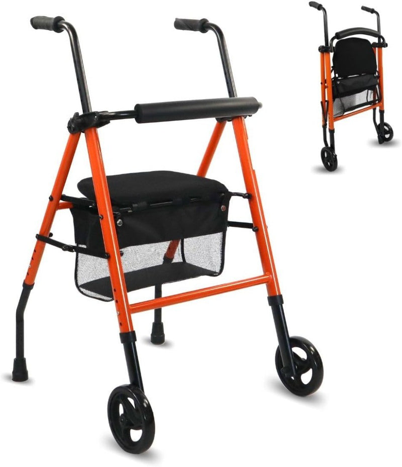 Folding Walker with Wheels Seat Backrest Height Adjustable Orange