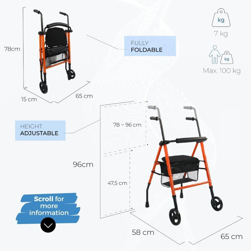 Folding Walker with Wheels Seat Backrest Height Adjustable Orange