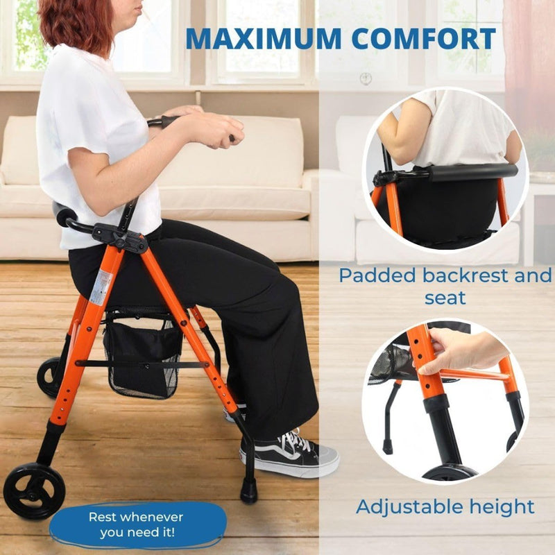 Folding Walker with Wheels Seat Backrest Height Adjustable Orange