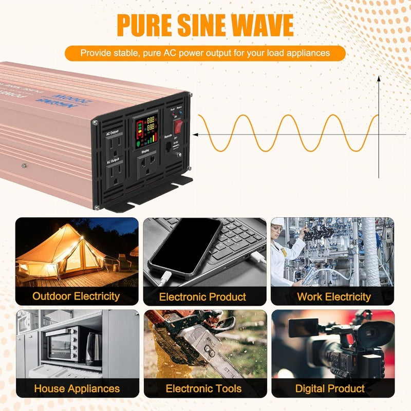 Pure Sine Wave Inverter 2000 Watt 12V DC to 110V/120V with Remote LED Display