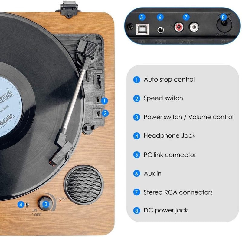 Record Player, Bluetooth Portable Vinyl Turntable Digital Encoder Built-in