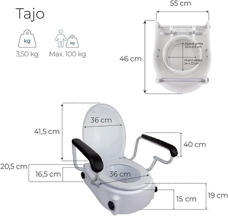 Raised Toilet Seat Riser with Folding Armrests