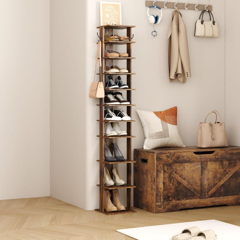 HOME BI Narrow Shoe Rack 10 Tier - Rustic Brown