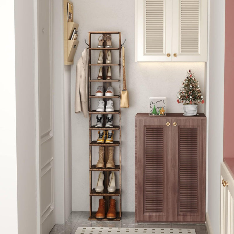 HOME BI Narrow Shoe Rack 10 Tier - Rustic Brown