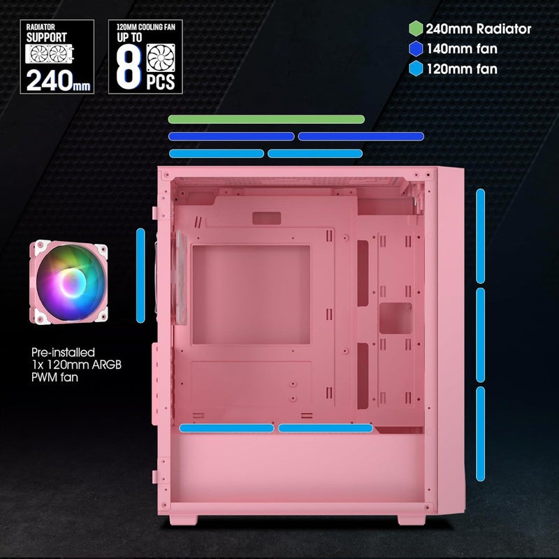 Micro ATX PC Case Midi-Tower Pink VETROO M05