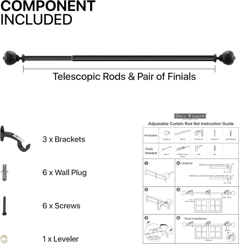 2 Pack Adjustable Curtain Pole 91-168cm Matte Black