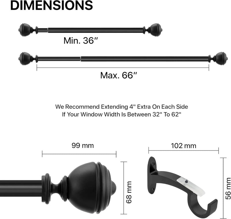 2 Pack Adjustable Curtain Pole 91-168cm Matte Black