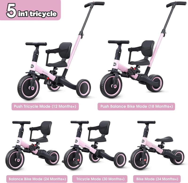 Trike with Parent Handle for 1-3 Year Old Pink