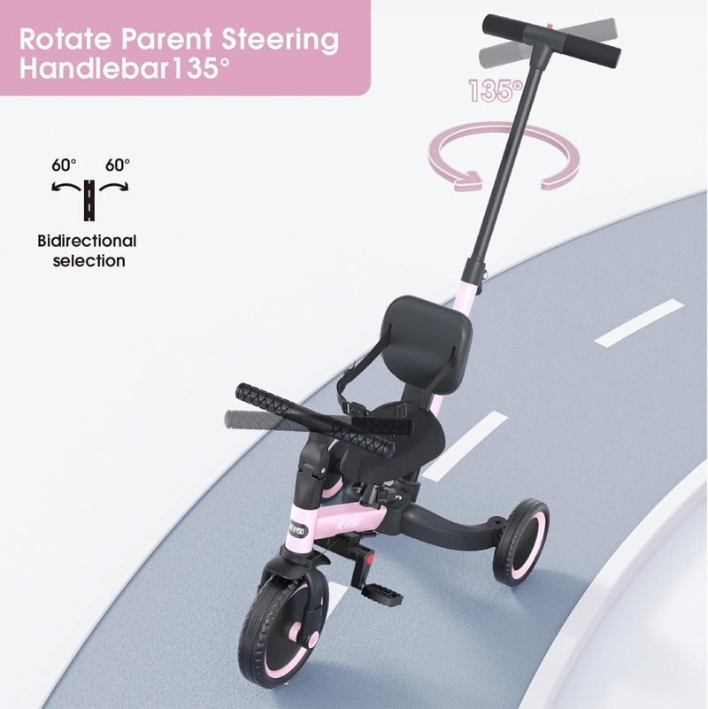 Trike with Parent Handle for 1-3 Year Old Pink