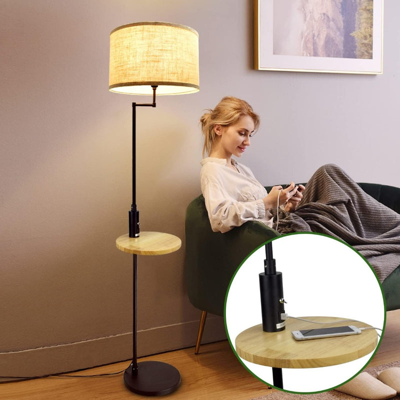 Depuley Modern Black LED Floor Lamp with Wooden Storage Shelf