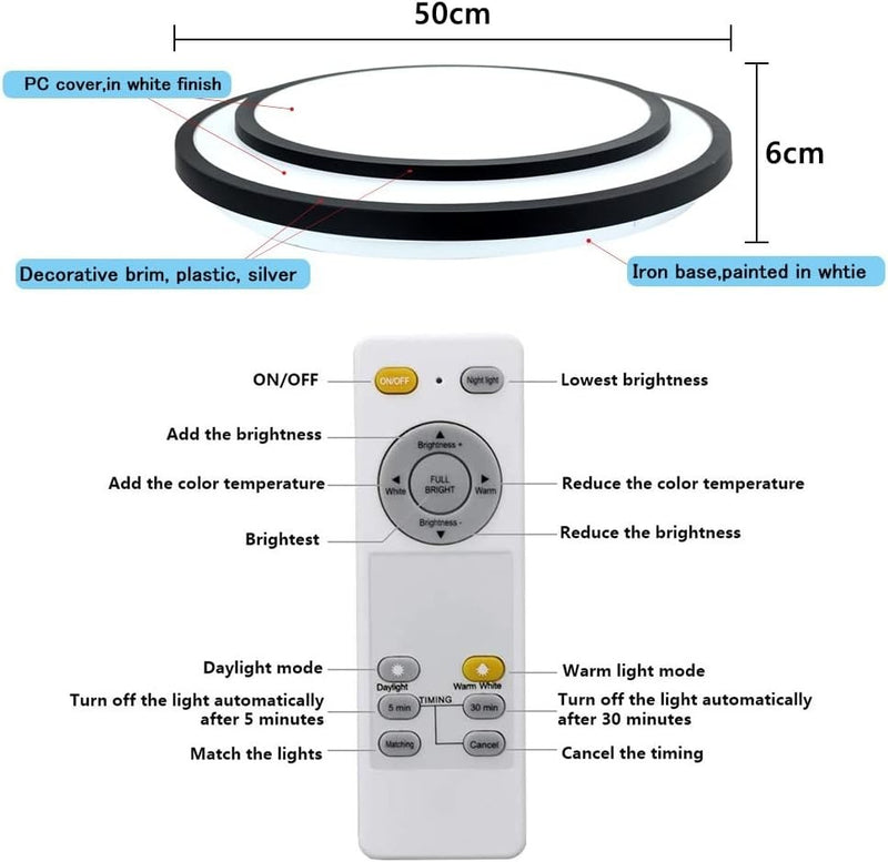 LED Ceiling Light 48W With Remote 49.5cm