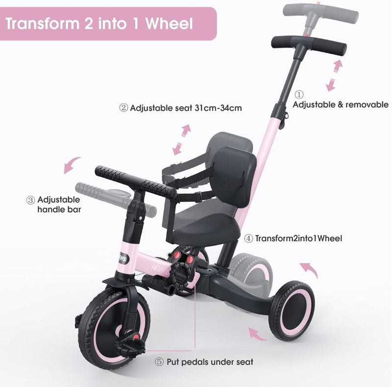 Trike with Parent Handle for 1-3 Year Old Pink