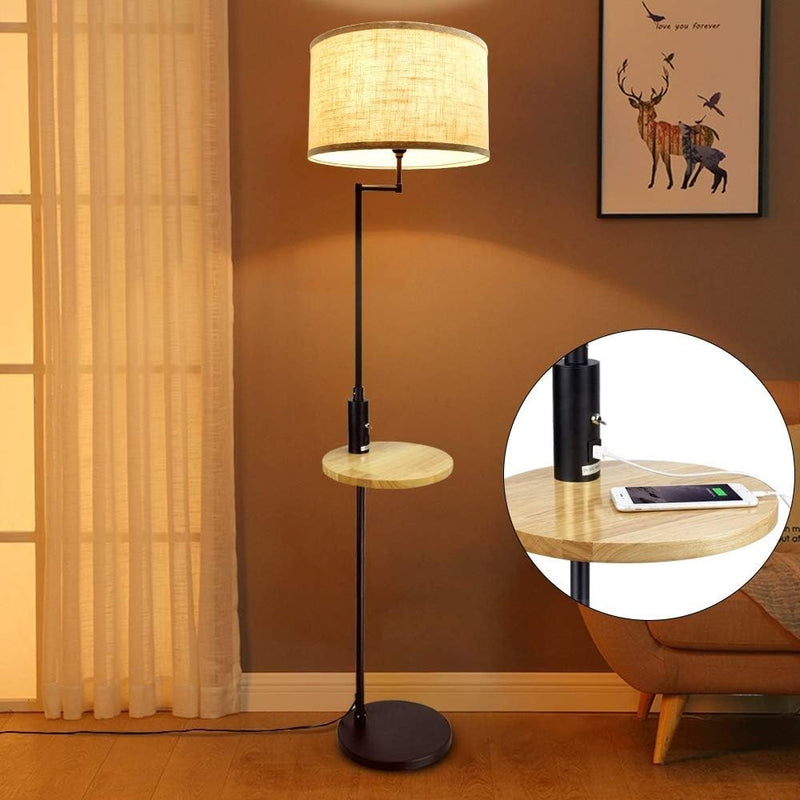 Depuley Modern Black LED Floor Lamp with Wooden Storage Shelf