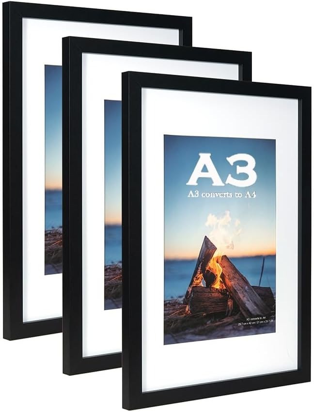 3 Pack A3 Picture Frames Black w/ White Mount