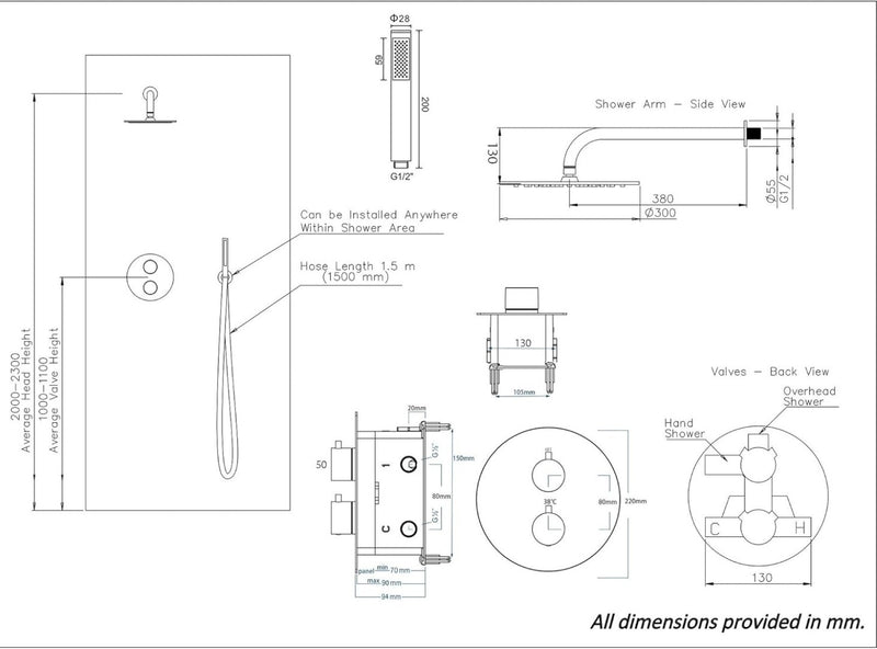 Brass Concealed Thermostatic Shower Set with 12inch Overhead & Handheld Shower