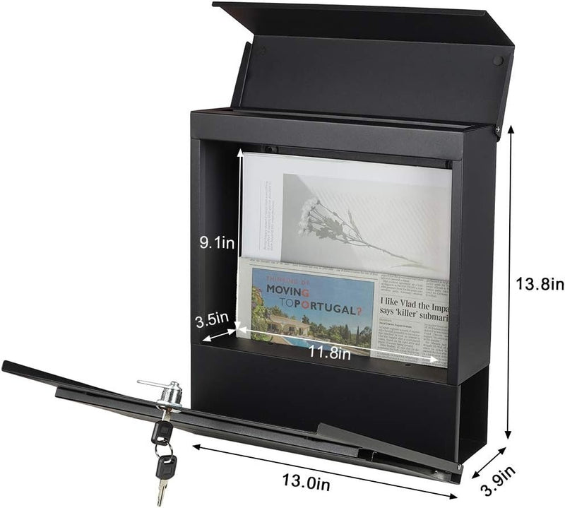 Wall Mounted Letterbox with Key Lock, Large Mail Box with Newspaper Compartment