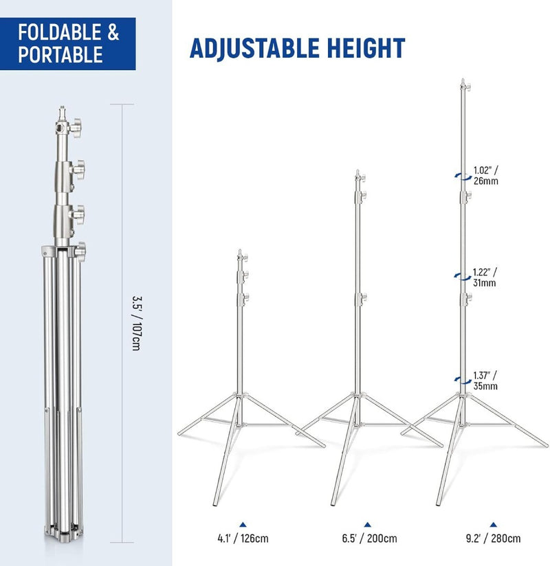 2.8m Stainless Steel Light Stand, Spring Cushioned Heavy Duty Photography Tripod