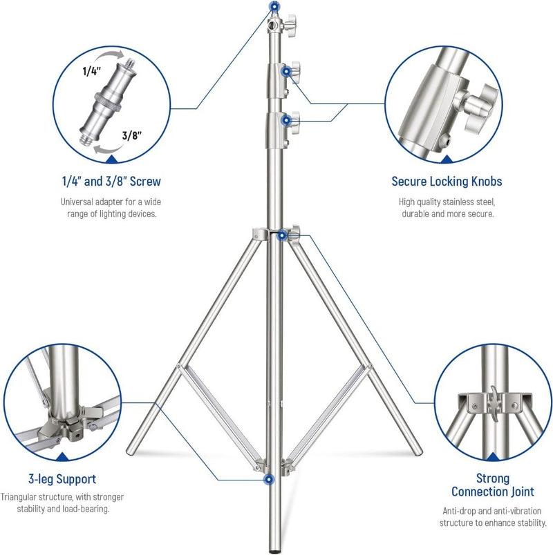 2.8m Stainless Steel Light Stand, Spring Cushioned Heavy Duty Photography Tripod