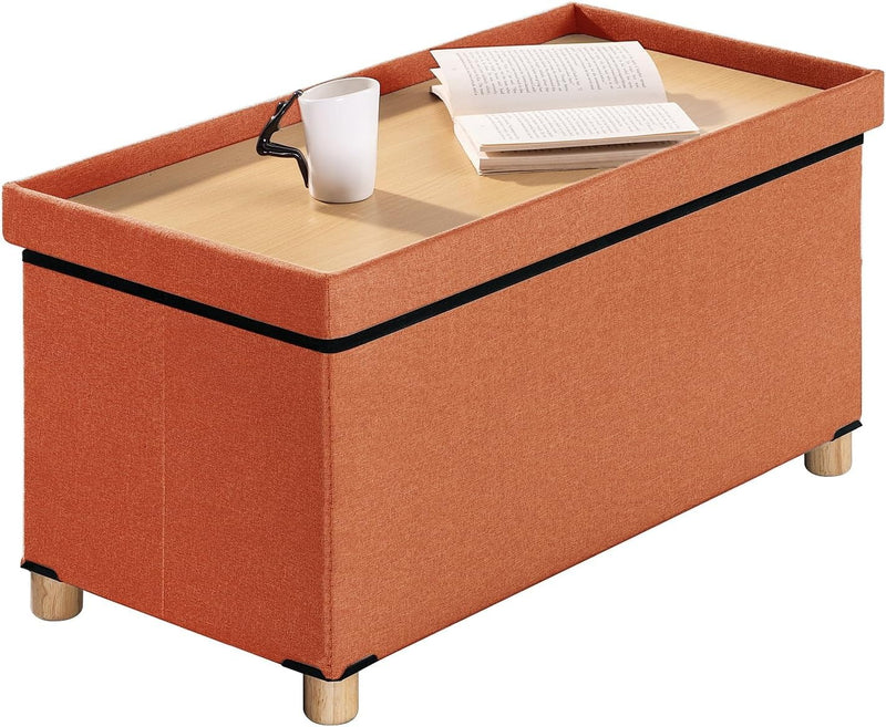 Ottoman Storage Box w/ 4 Wood Legs Orange