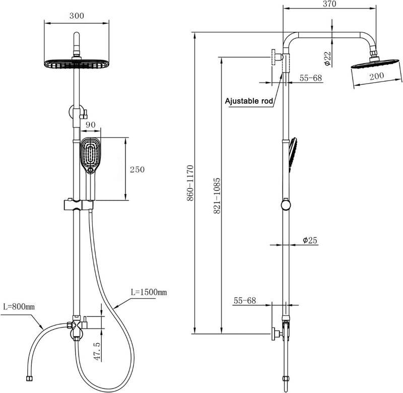 Shower Set Height Adjustable Overhead Kit