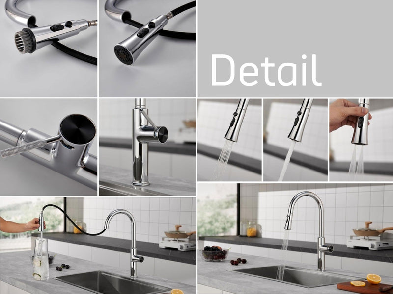 Pull Down Kitchen Mixer Tap Chrome Silver High Arc Pull-Out Faucet