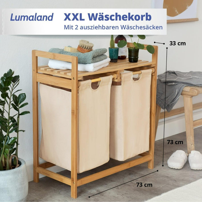 Bamboo - Laundry Basket with 2 Pull-out Laundry Bags Approx. 73 x 64 x 33 cm.