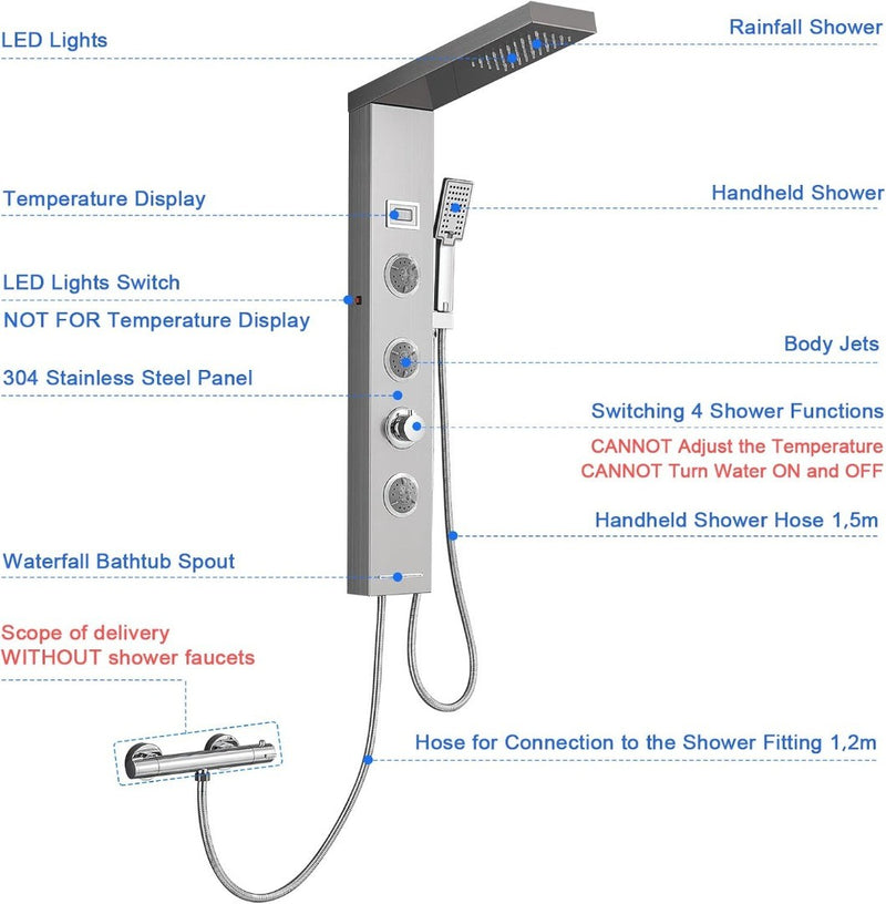 Shower Panel Without Tap 5 Functions Shower