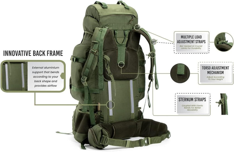 105L Metal Frame Rucksack - Army Green - Raincover