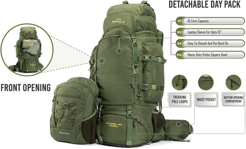 105L Metal Frame Rucksack - Army Green - Raincover