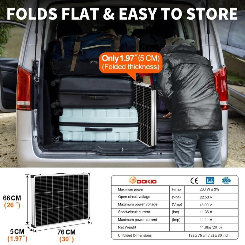 DOKIO Foldable Portable Solar Panel 200W 12V Monocrystalline Solar Suitcase