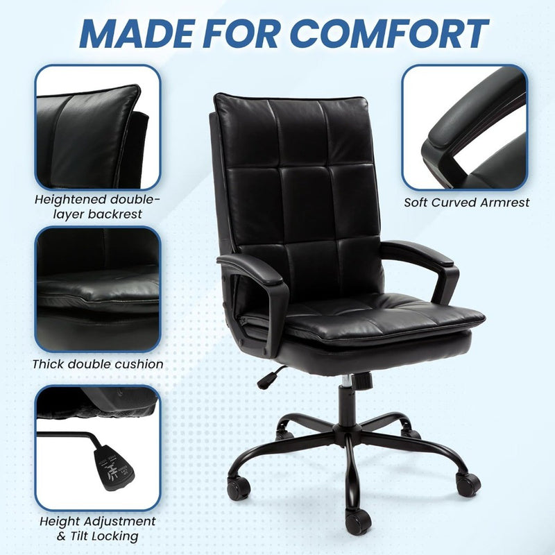 Executive Style Home Office Chair with Double Padded Backrest in Black Leather