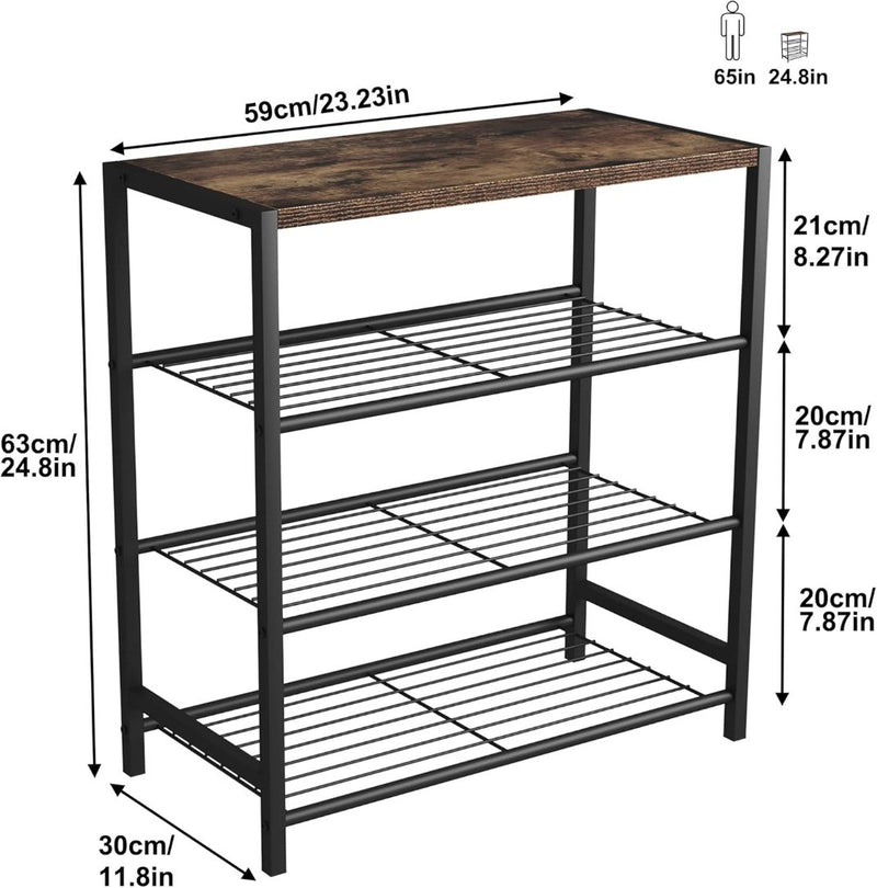 4-Tier Show Rack - Metal Storage Shelves - Rustic Brown Top