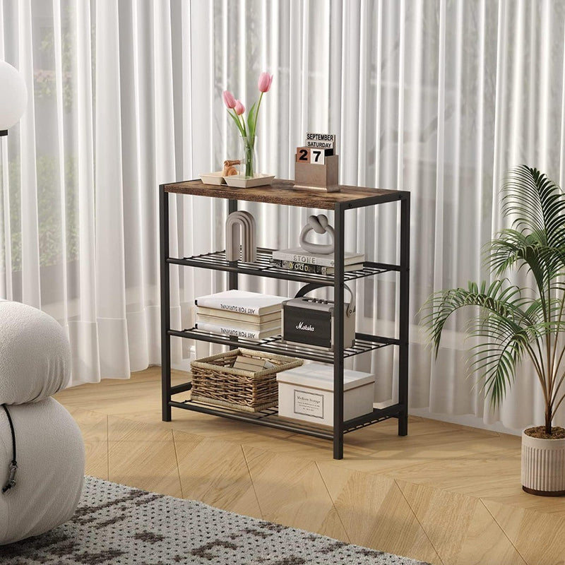 4-Tier Show Rack - Metal Storage Shelves - Rustic Brown Top