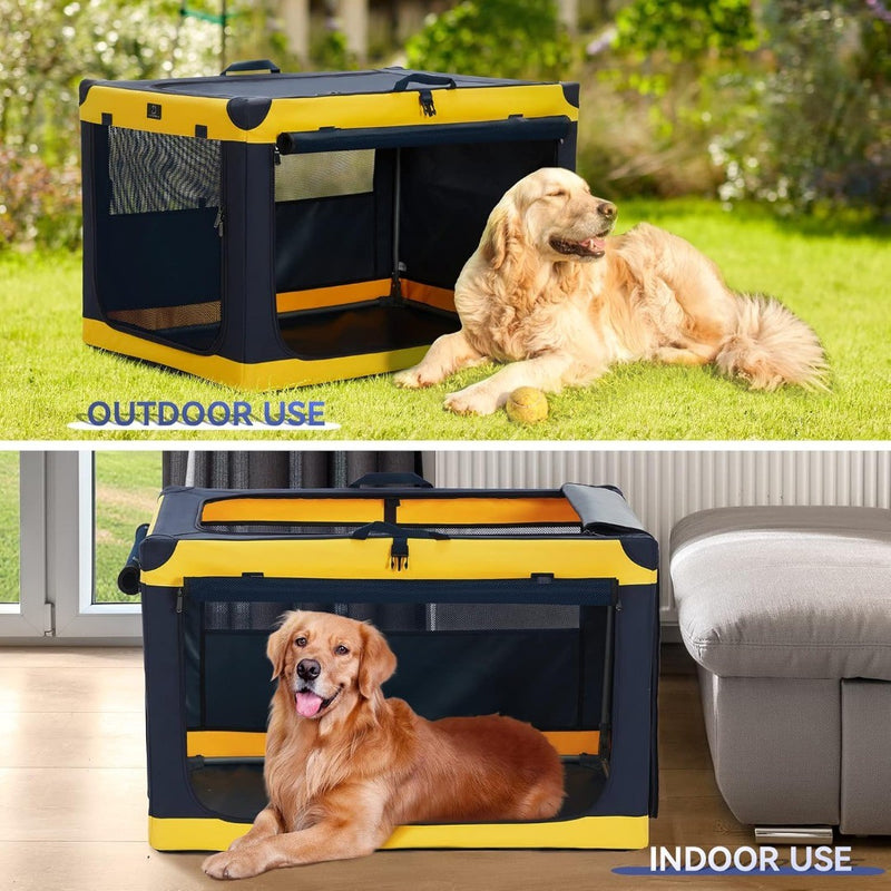 Pet Dog Crate 30Inch Portable Travel Crate Medium Dog Steel Frame Yellow